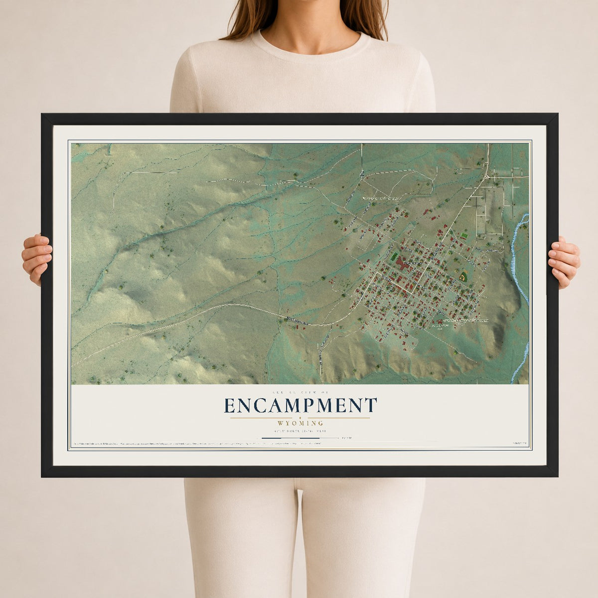 Map of Encampment, Wyoming, 24 x 36 inch print in a black wood frame