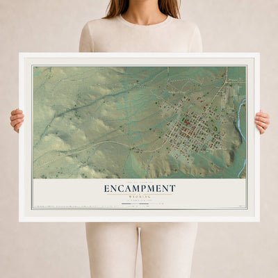 Map of Encampment, Wyoming, 24 x 36 inch print in a white wood frame