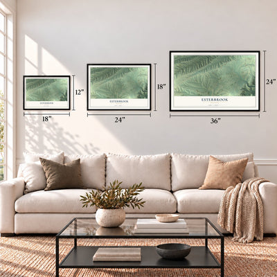 Esterbrook, Wyoming map in 12 x 18, 18 x 24 and 24 x 36 inch sizes above a sofa