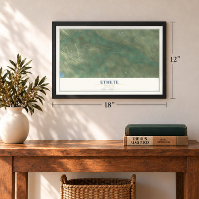 Ethete, Wyoming map, 12 x 18 inch print in a black frame in an entryway