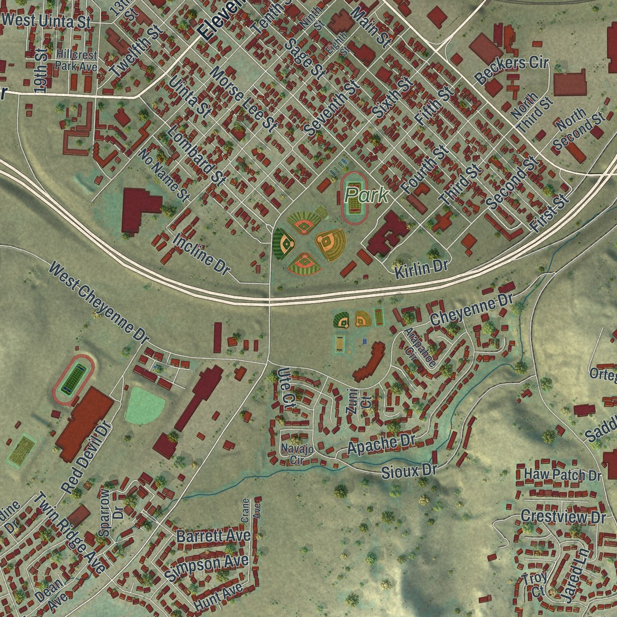 Close-up of the map of Evanston, Wyoming print showing street and building detail