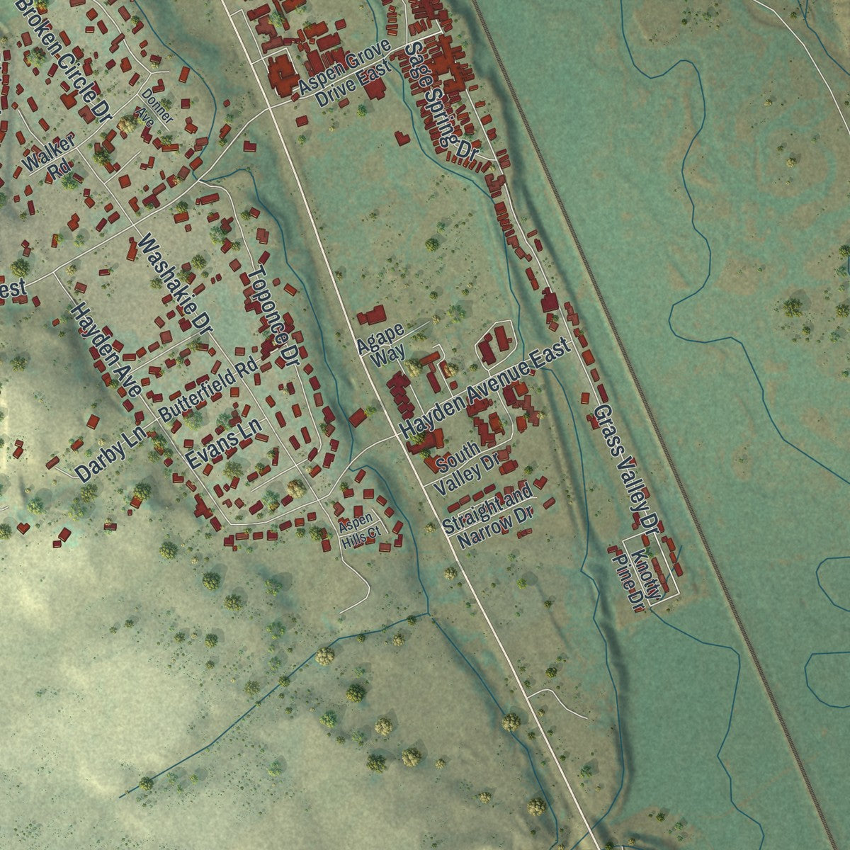 Second close-up of the map of Evanston, Wyoming print showing more streets and buildings