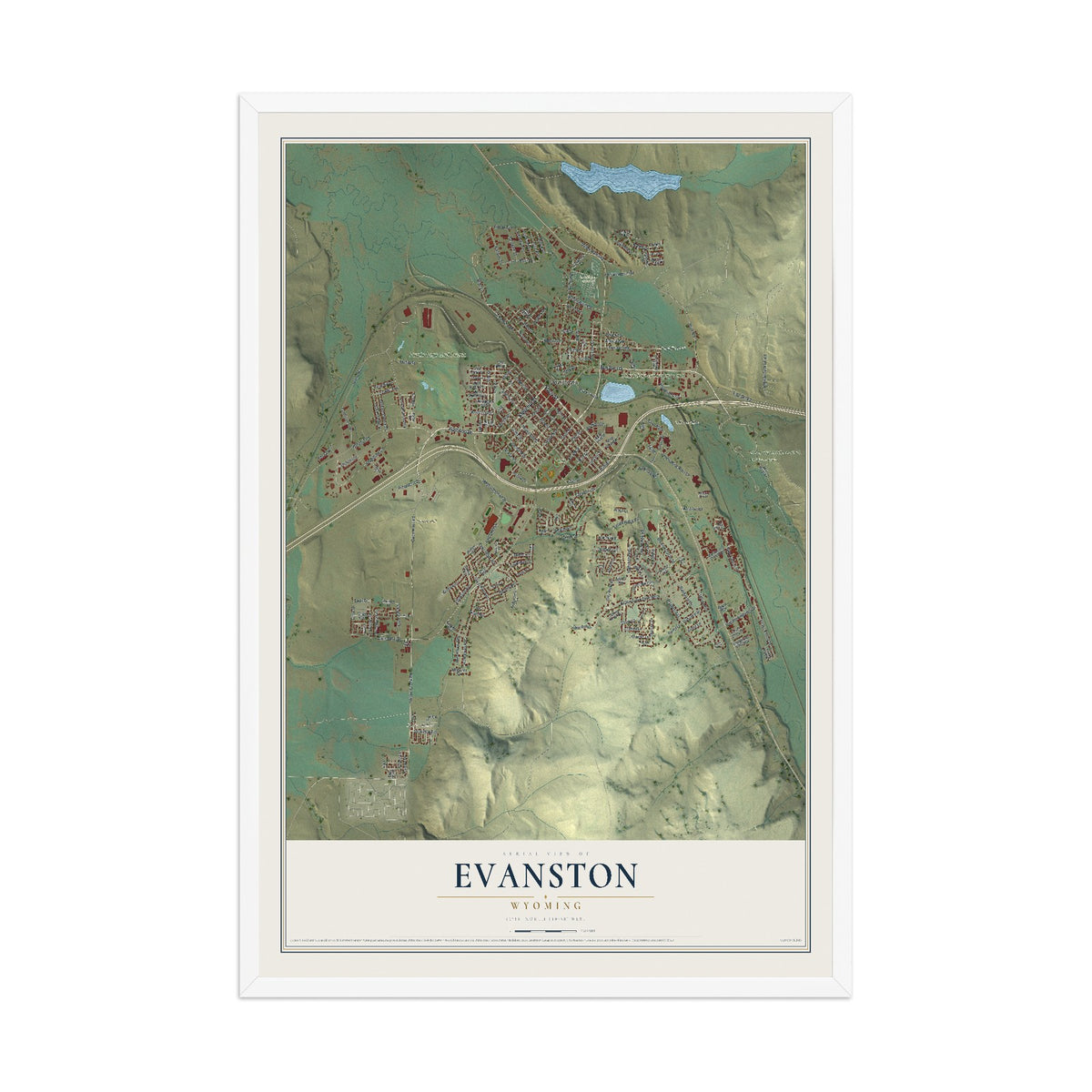Map of Evanston, Wyoming, 12 x 18 inch print in a white wood frame
