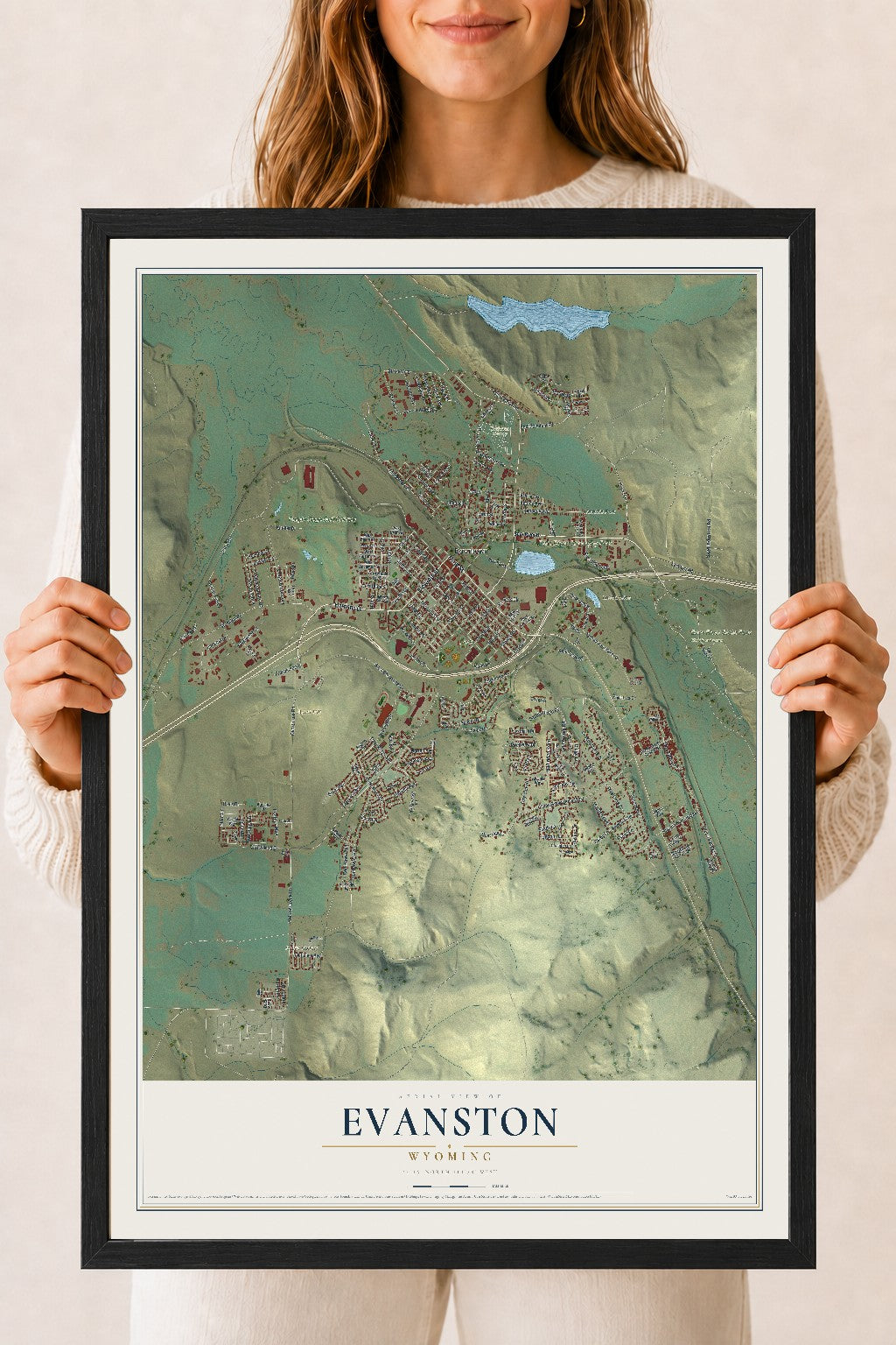 Map of Evanston, Wyoming, 18 x 24 inch print in a black wood frame