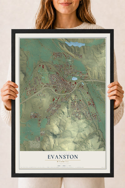 Map of Evanston, Wyoming, 18 x 24 inch print in a black wood frame