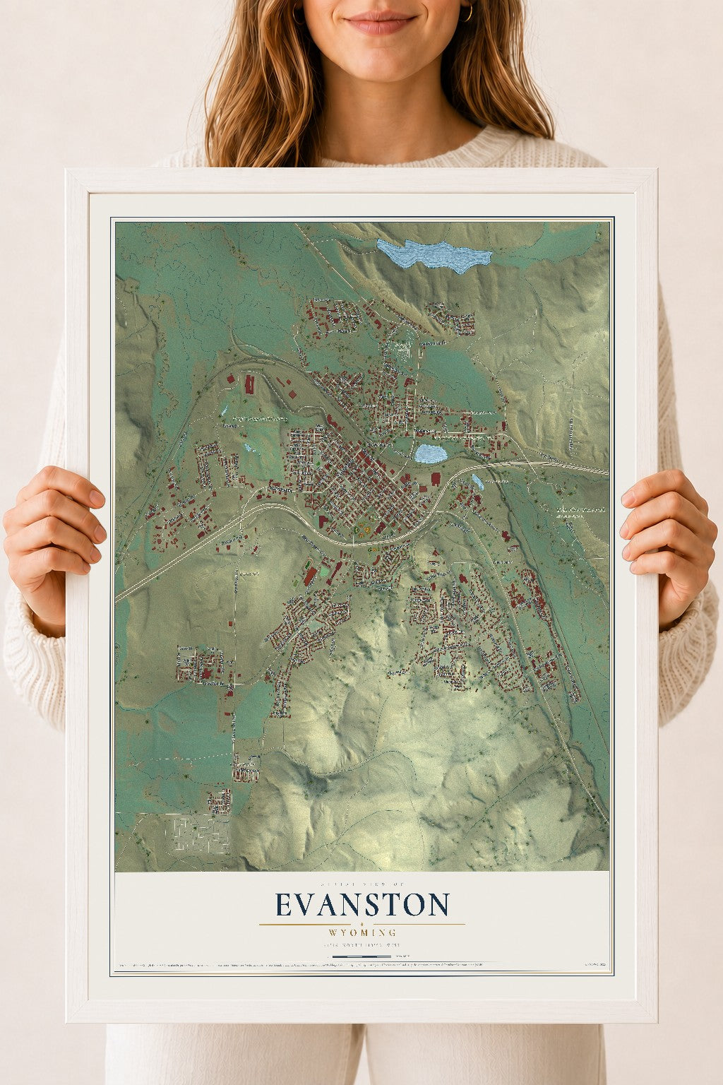 Map of Evanston, Wyoming, 18 x 24 inch print in a white wood frame