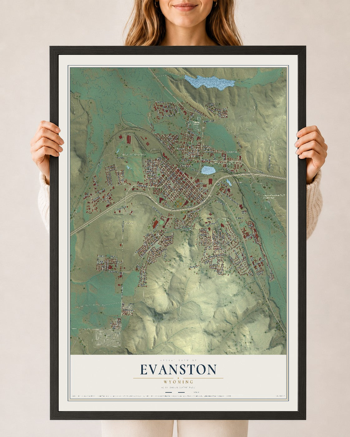 Map of Evanston, Wyoming, 24 x 36 inch print in a black wood frame