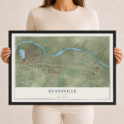 Map of Evansville, Wyoming, 12 x 18 inch print in a black wood frame