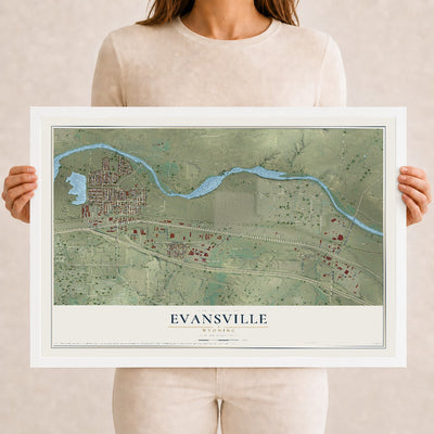 Map of Evansville, Wyoming, 12 x 18 inch print in a white wood frame
