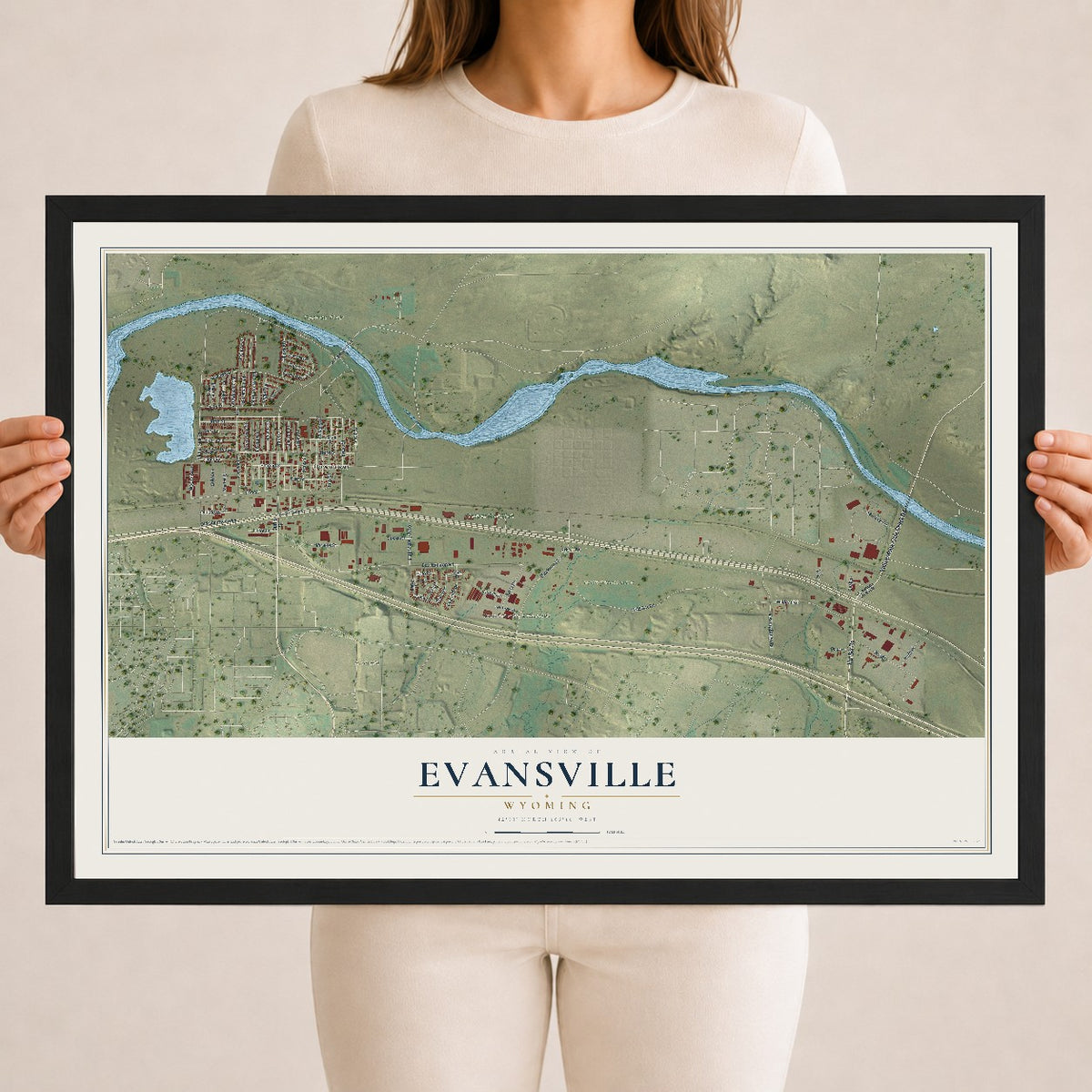 Map of Evansville, Wyoming, 18 x 24 inch print in a black wood frame