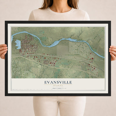 Map of Evansville, Wyoming, 18 x 24 inch print in a black wood frame