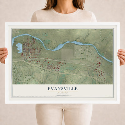Map of Evansville, Wyoming, 18 x 24 inch print in a white wood frame