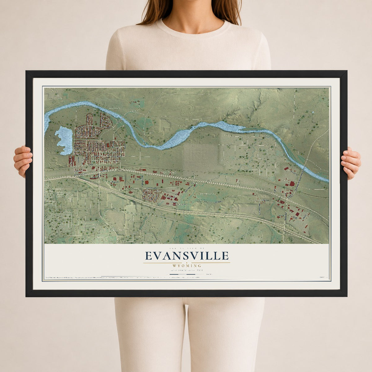 Map of Evansville, Wyoming, 24 x 36 inch print in a black wood frame