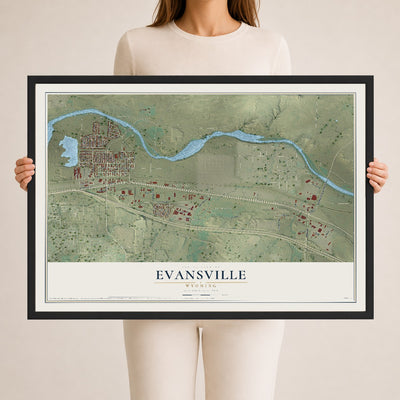 Map of Evansville, Wyoming, 24 x 36 inch print in a black wood frame