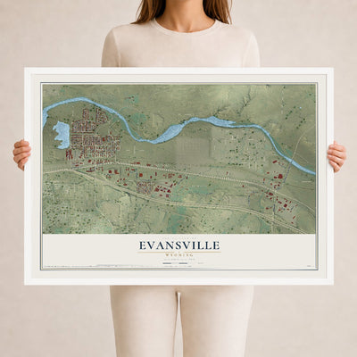 Map of Evansville, Wyoming, 24 x 36 inch print in a white wood frame