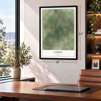 Farson, Wyoming map, 18 x 24 inch print in a black frame in a home office