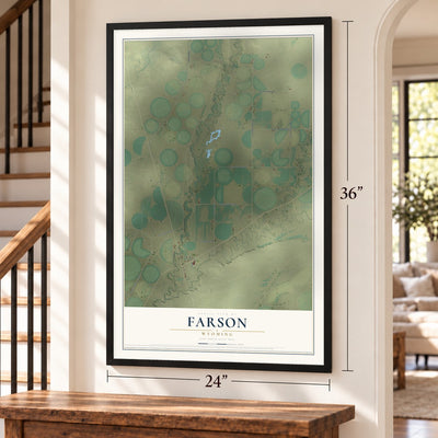 Farson, Wyoming map, 24 x 36 inch print in a black frame by a staircase