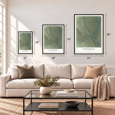 Fontenelle, Wyoming map in 12 x 18, 18 x 24 and 24 x 36 inch sizes above a sofa