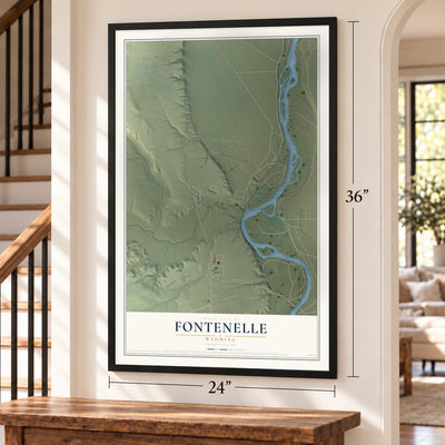 Fontenelle, Wyoming map, 24 x 36 inch print in a black frame by a staircase