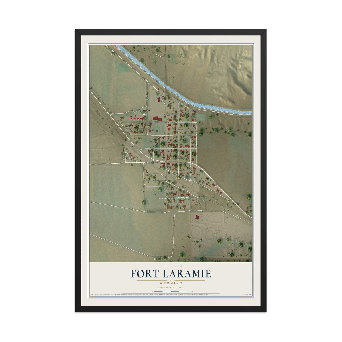Map of Fort Laramie, Wyoming, 12 x 18 inch print in a black wood frame