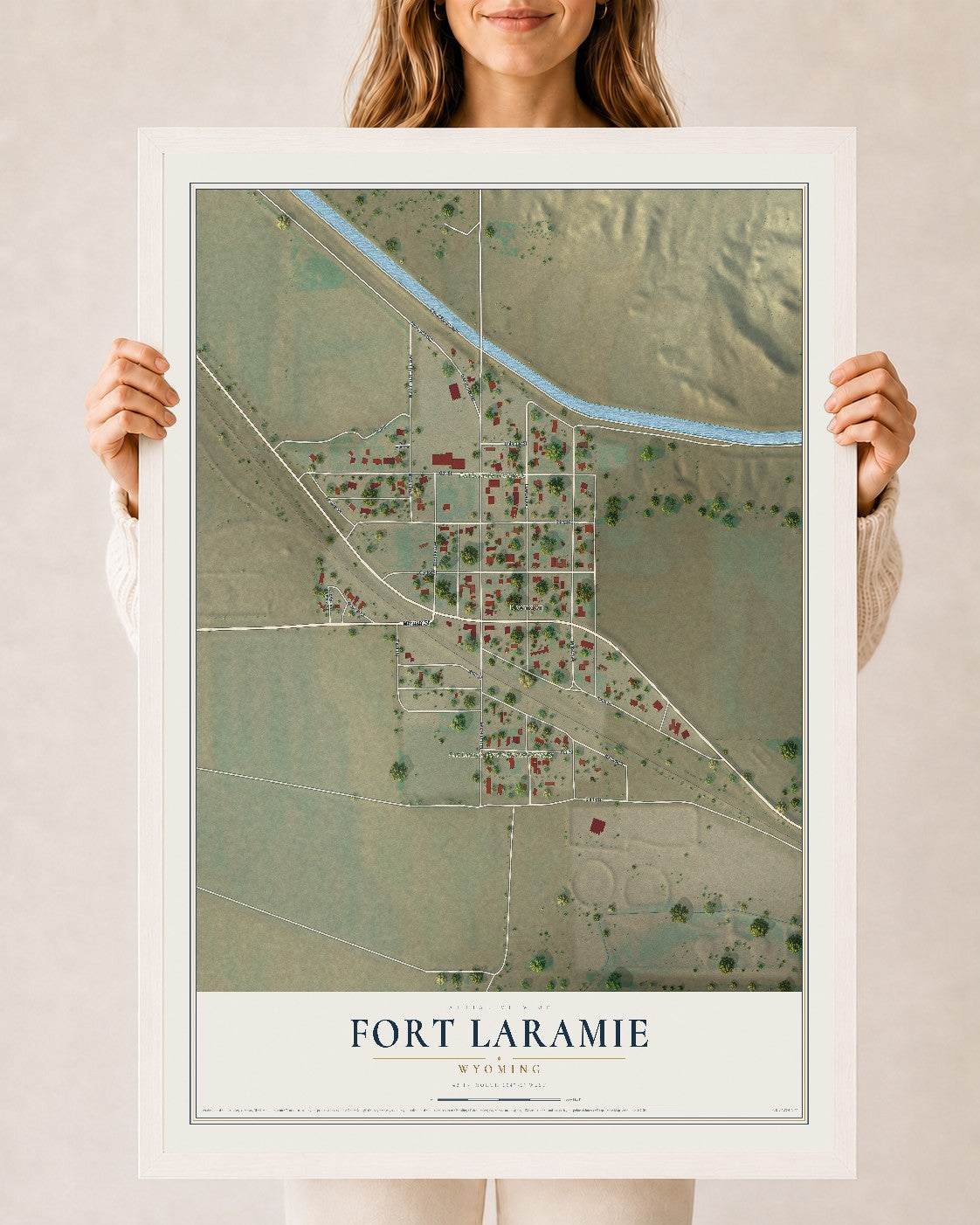 Map of Fort Laramie, Wyoming, 24 x 36 inch print in a white wood frame