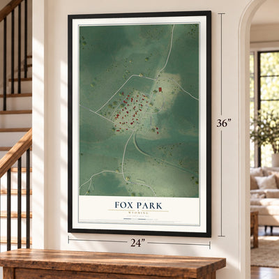 Fox Park, Wyoming map, 24 x 36 inch print in a black frame by a staircase