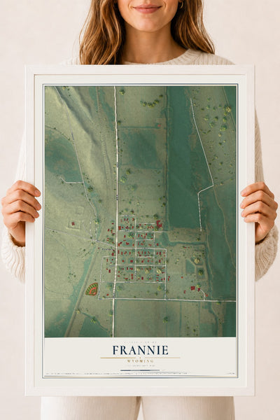 Map of Frannie, Wyoming, 18 x 24 inch print in a white wood frame