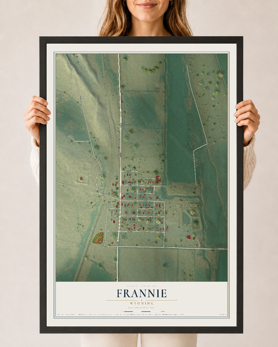 Map of Frannie, Wyoming, 24 x 36 inch print in a black wood frame