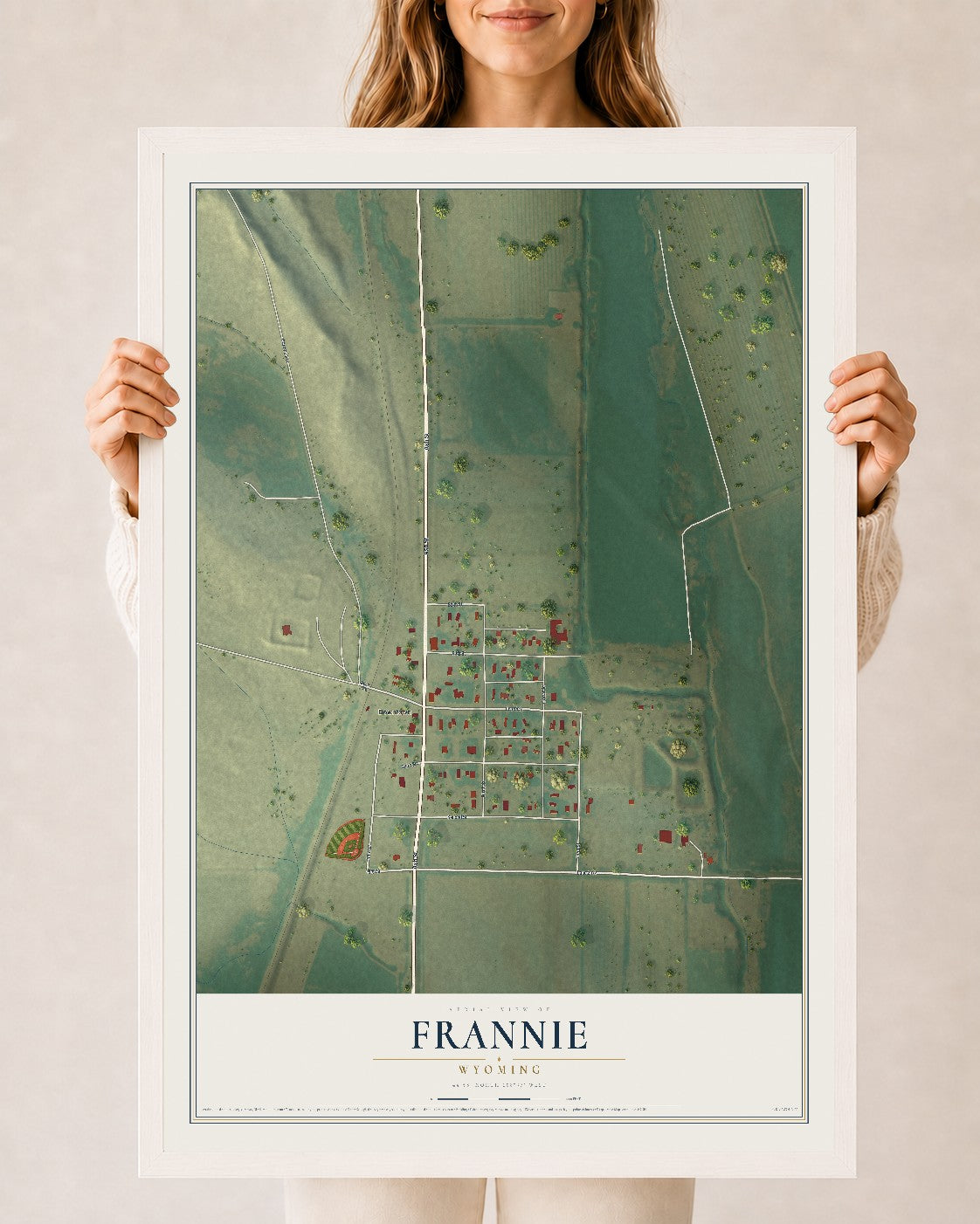 Map of Frannie, Wyoming, 24 x 36 inch print in a white wood frame