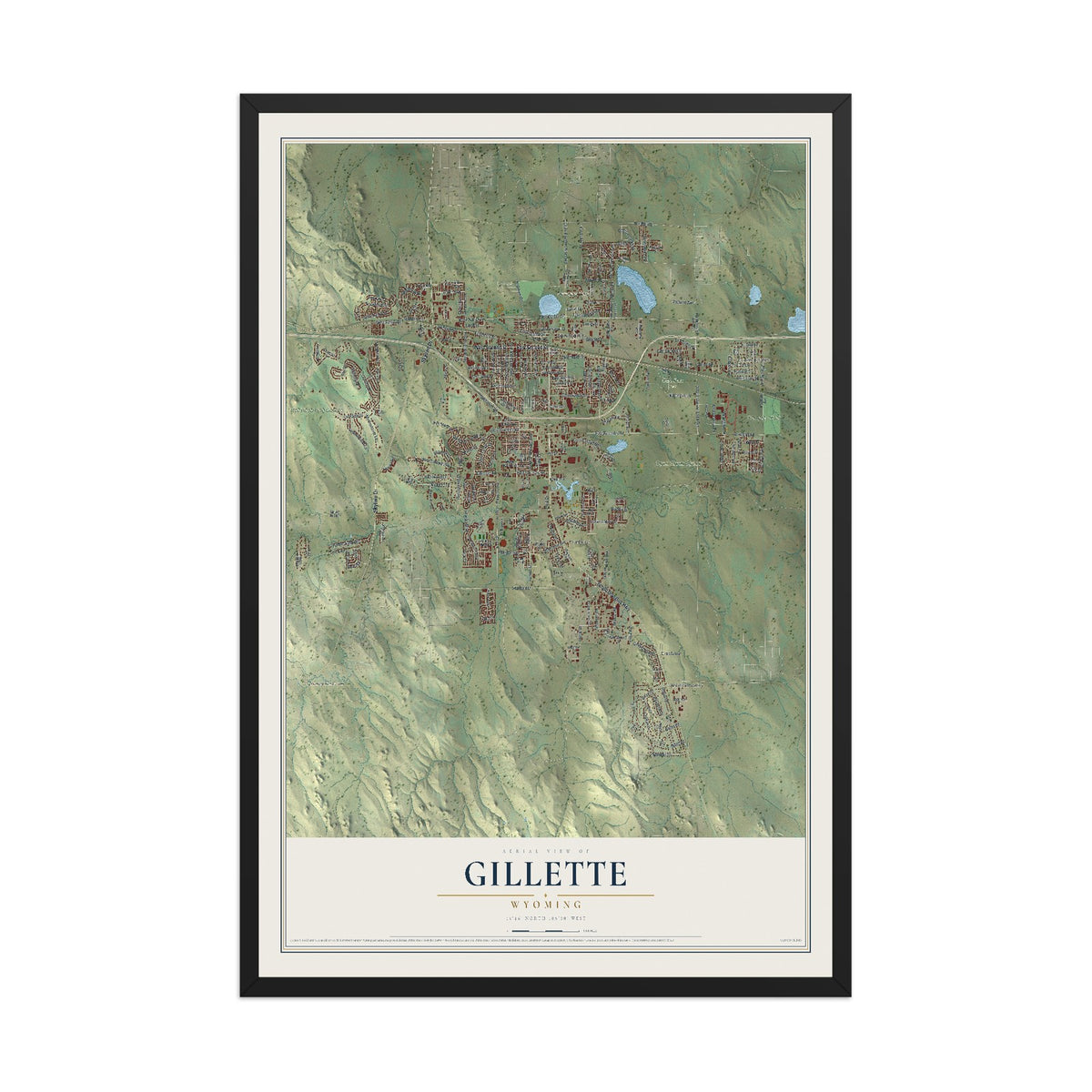 Map of Gillette, Wyoming, 12 x 18 inch print in a black wood frame