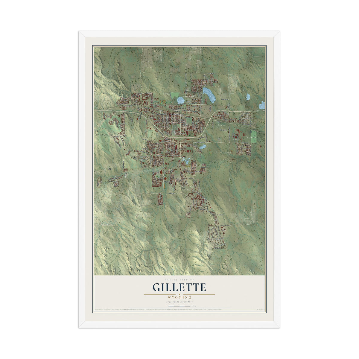 Map of Gillette, Wyoming, 12 x 18 inch print in a white wood frame