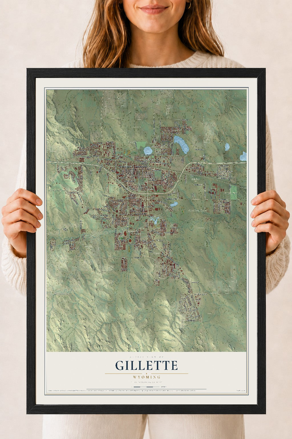 Map of Gillette, Wyoming, 18 x 24 inch print in a black wood frame