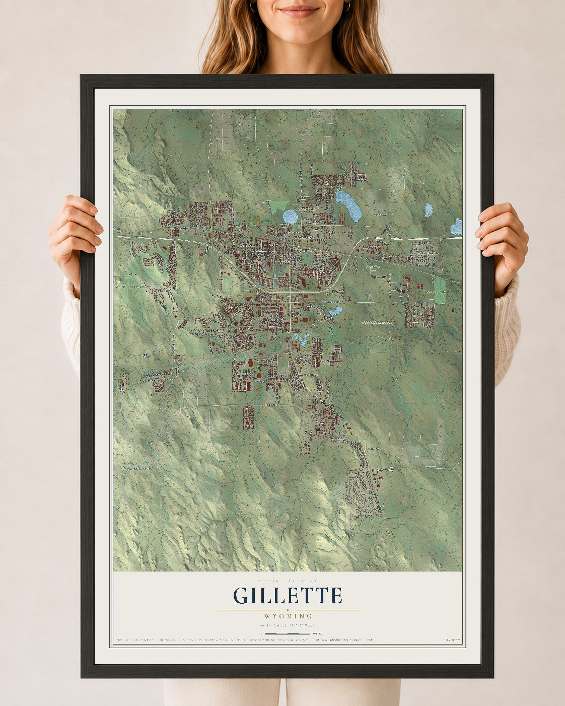 Map of Gillette, Wyoming, 24 x 36 inch print in a black wood frame