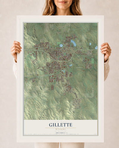 Map of Gillette, Wyoming, 24 x 36 inch print in a white wood frame