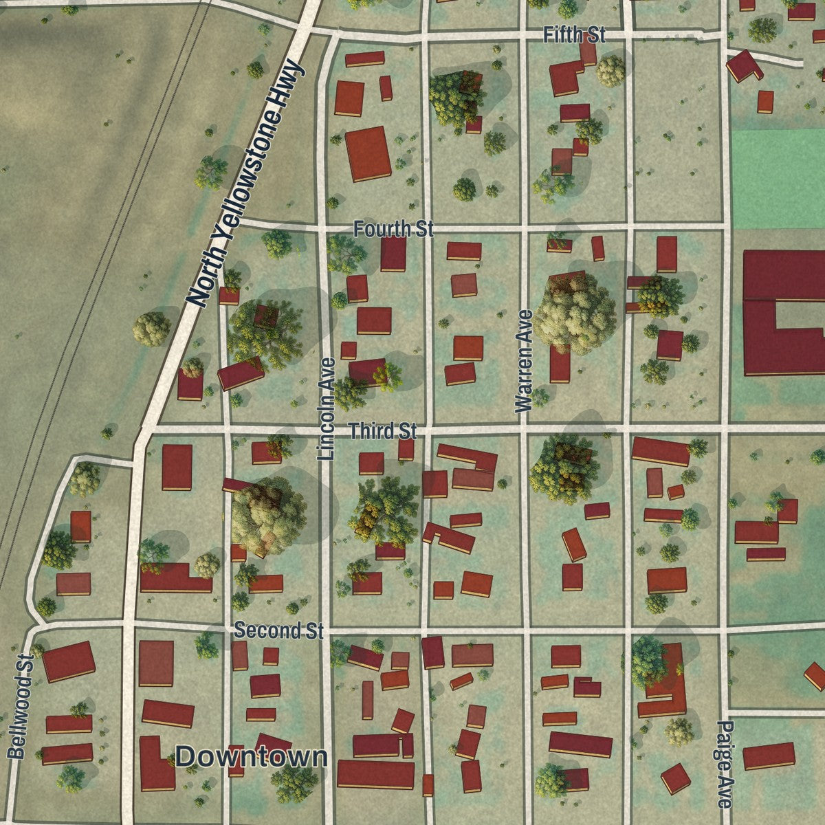 Close-up of the map of Glendo, Wyoming print showing street and building detail