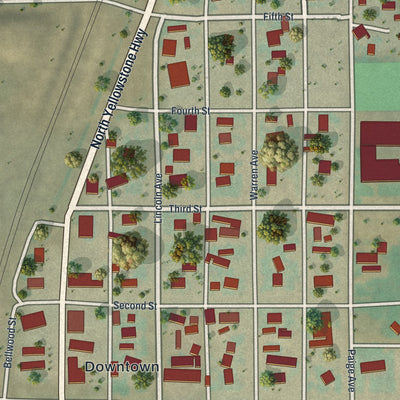 Close-up of the map of Glendo, Wyoming print showing street and building detail