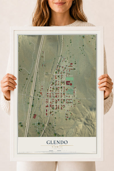 Map of Glendo, Wyoming, 18 x 24 inch print in a white wood frame