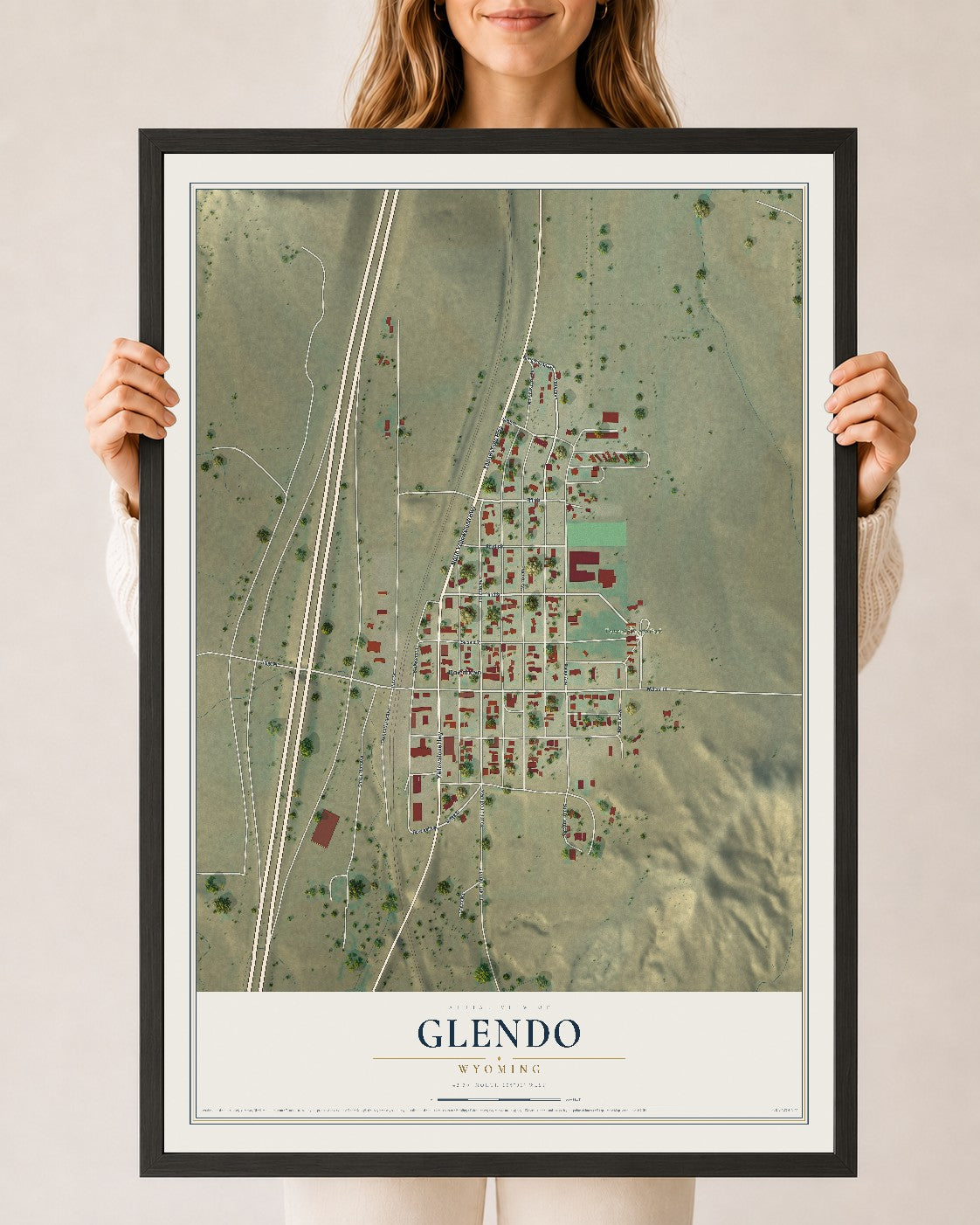 Map of Glendo, Wyoming, 24 x 36 inch print in a black wood frame