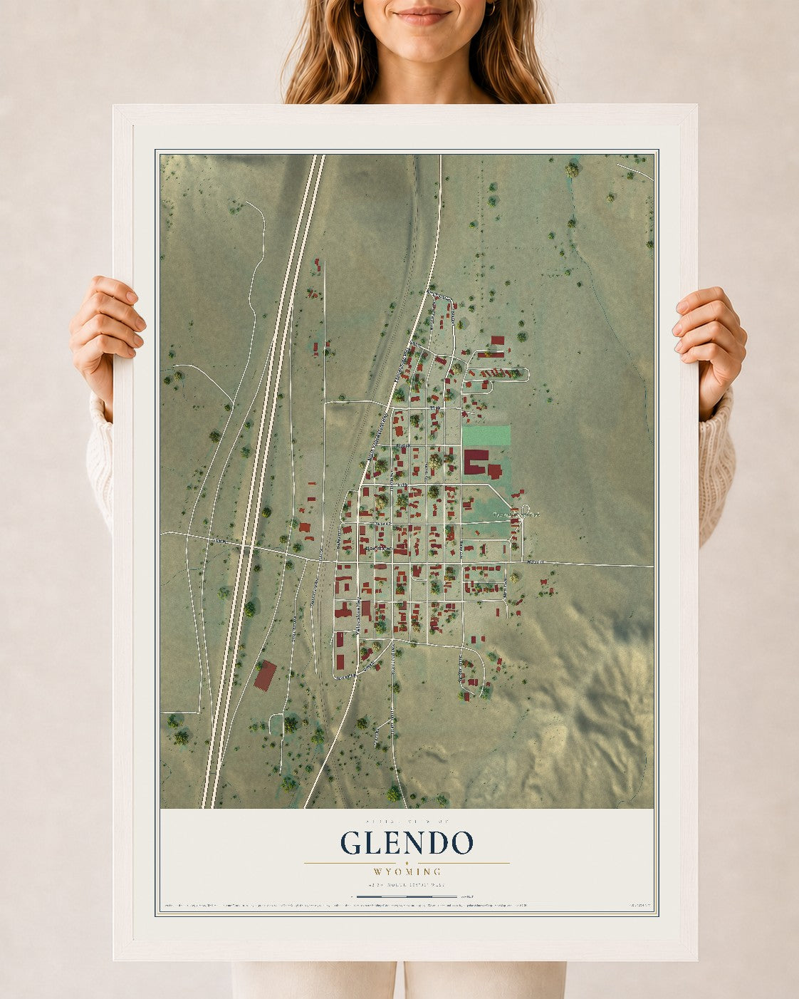 Map of Glendo, Wyoming, 24 x 36 inch print in a white wood frame