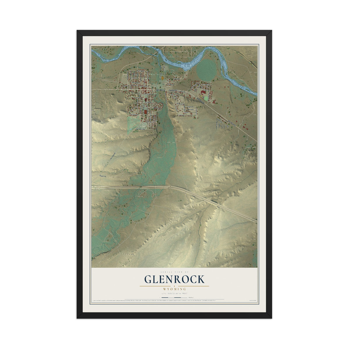 Map of Glenrock, Wyoming, 12 x 18 inch print in a black wood frame