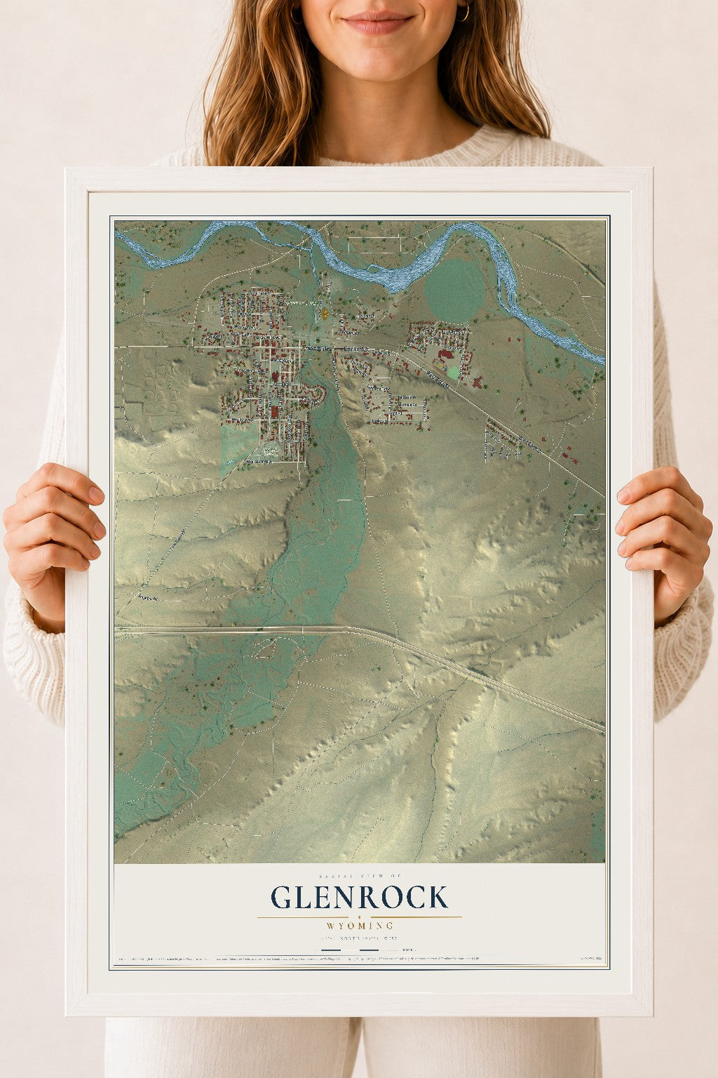 Map of Glenrock, Wyoming, 18 x 24 inch print in a white wood frame