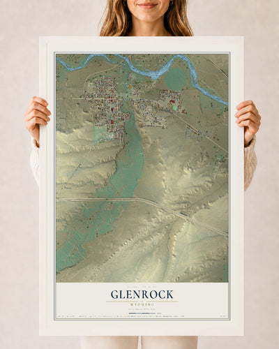 Map of Glenrock, Wyoming, 24 x 36 inch print in a white wood frame