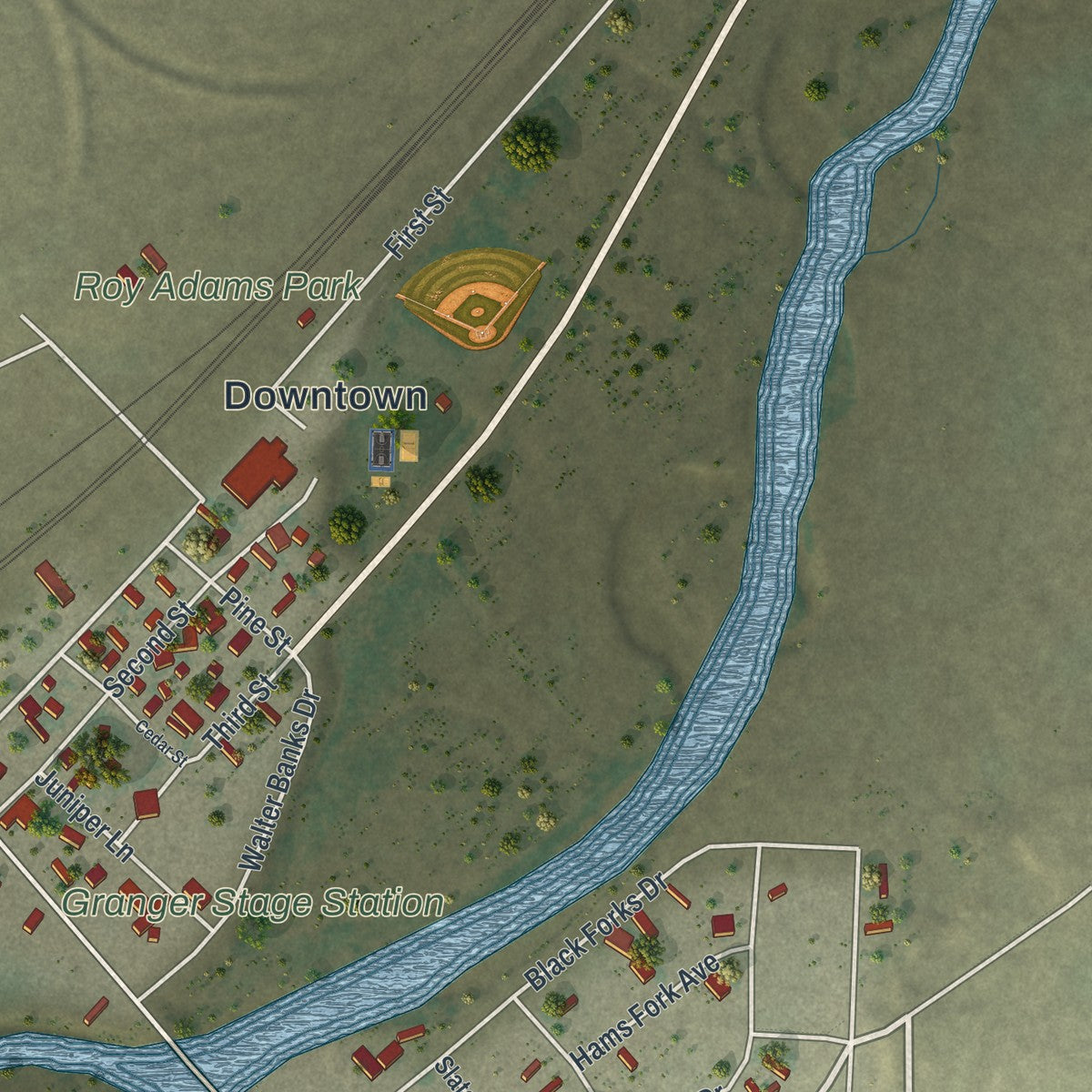 Close-up of the map of Granger, Wyoming print showing street and building detail