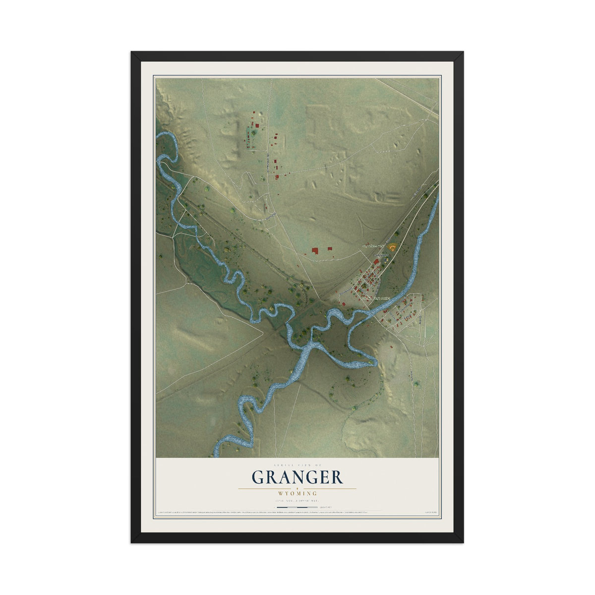 Map of Granger, Wyoming, 12 x 18 inch print in a black wood frame