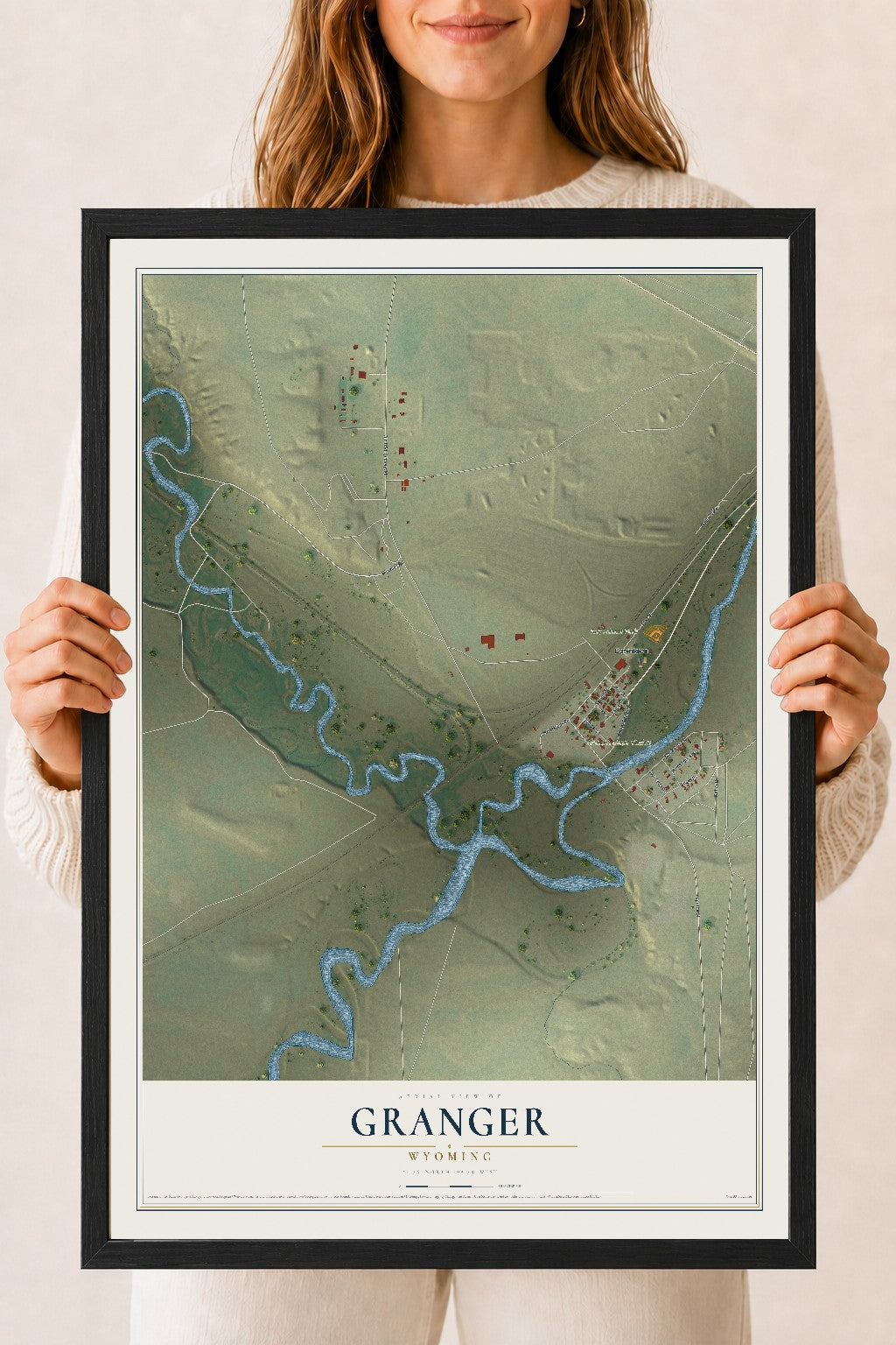 Map of Granger, Wyoming, 18 x 24 inch print in a black wood frame