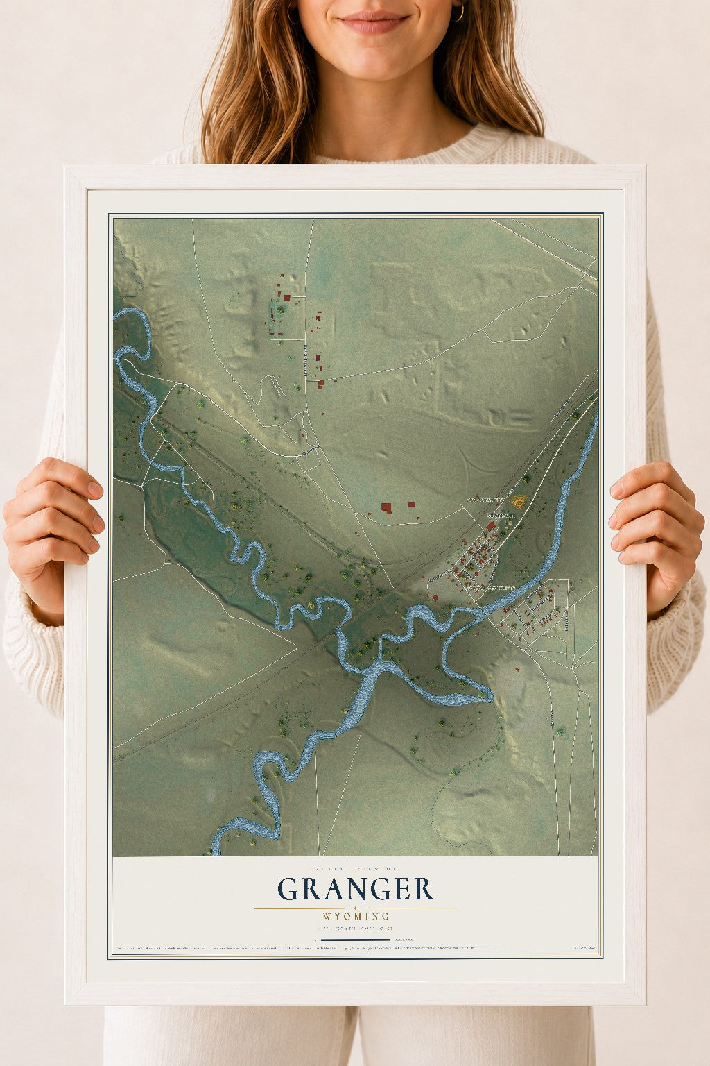 Map of Granger, Wyoming, 18 x 24 inch print in a white wood frame