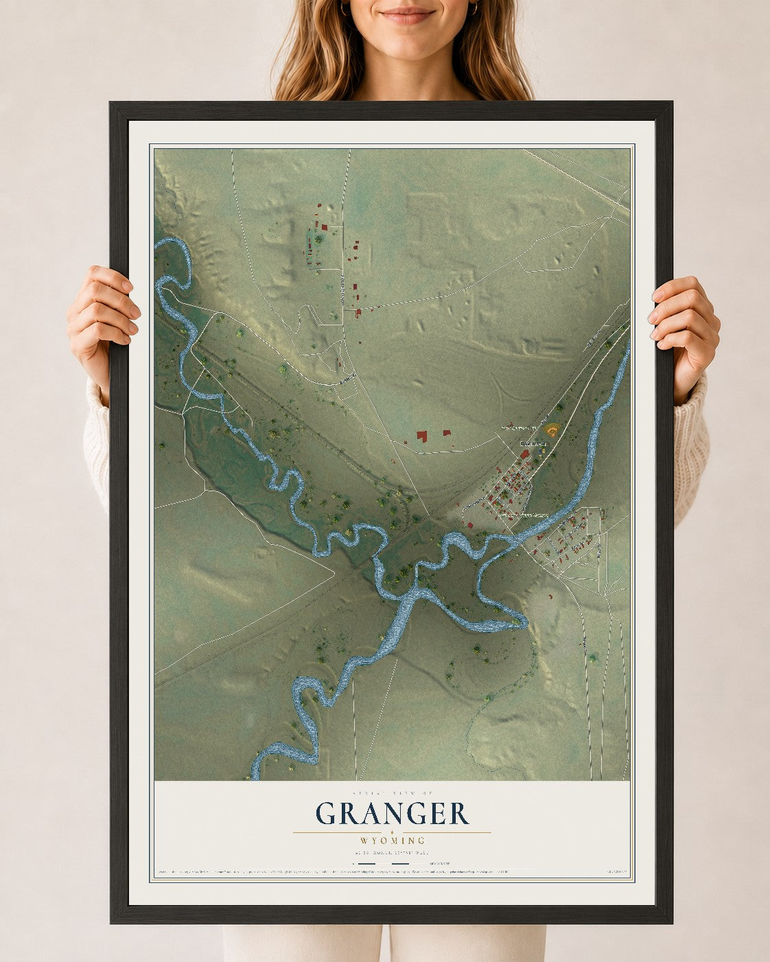 Map of Granger, Wyoming, 24 x 36 inch print in a black wood frame