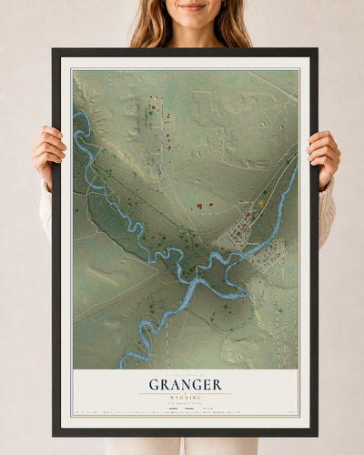 Map of Granger, Wyoming, 24 x 36 inch print in a black wood frame