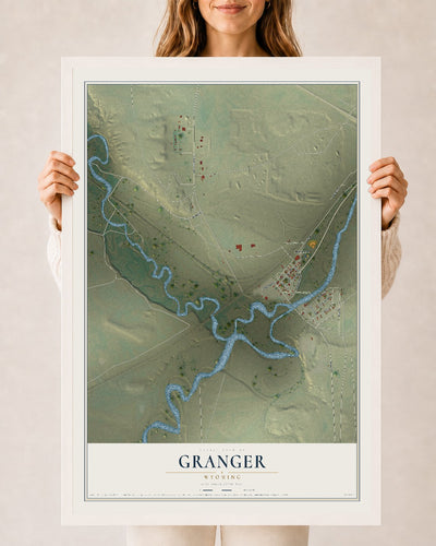 Map of Granger, Wyoming, 24 x 36 inch print in a white wood frame