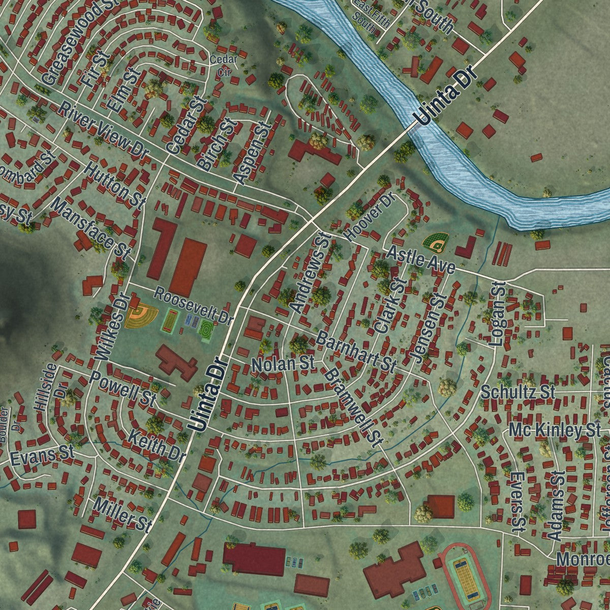 Second close-up of the map of Green River, Wyoming print showing more streets and buildings